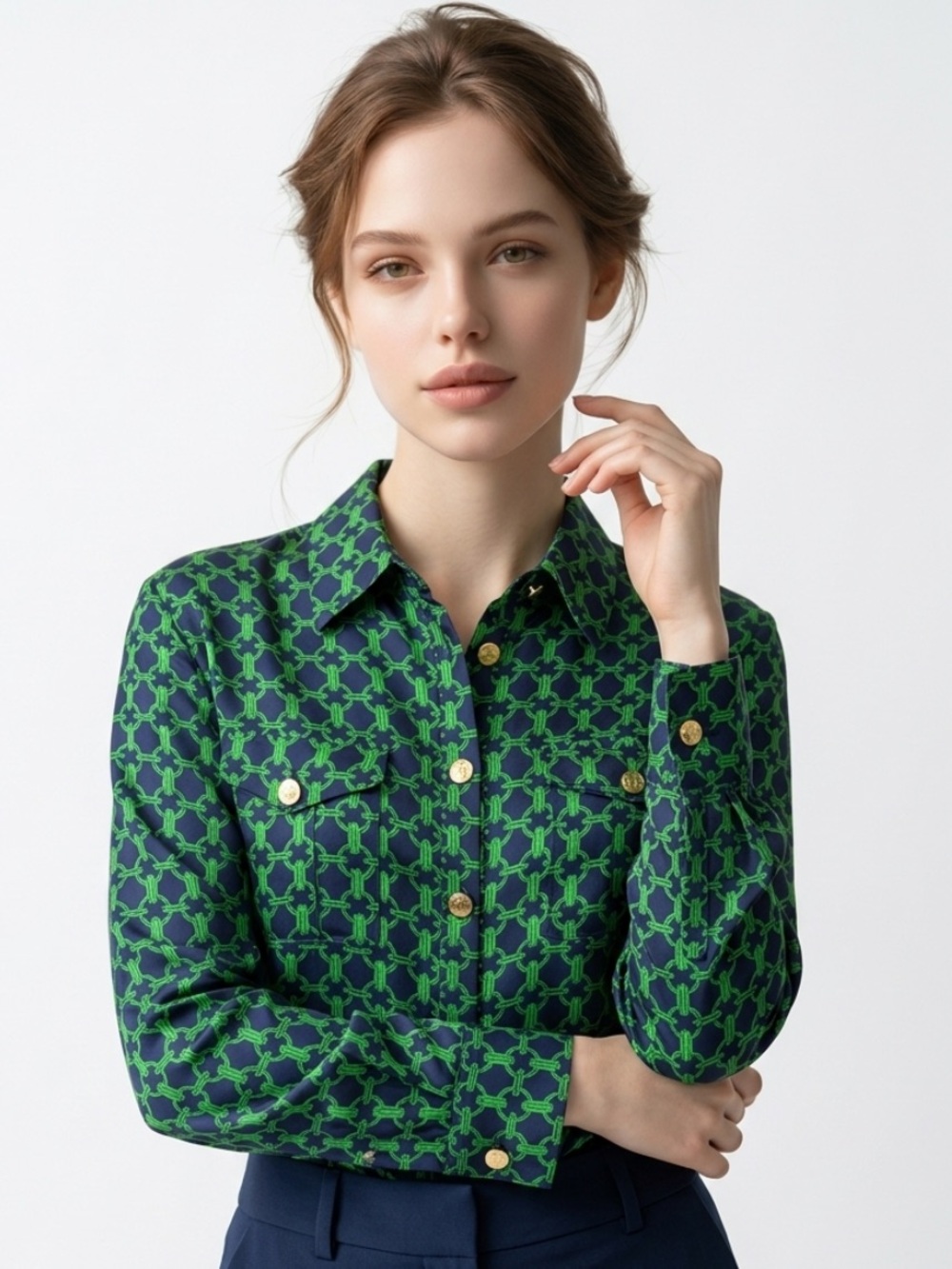 ELIZABETH MCKAY Blouse Silk Blue Green Geometric Button Down Gold Logo